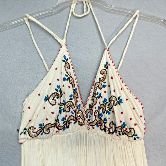 Indie Chic‎ Halter Dress Size S Embroidered Sequins Ruffles Bohemian Cottagecore - Picture 3 of 7